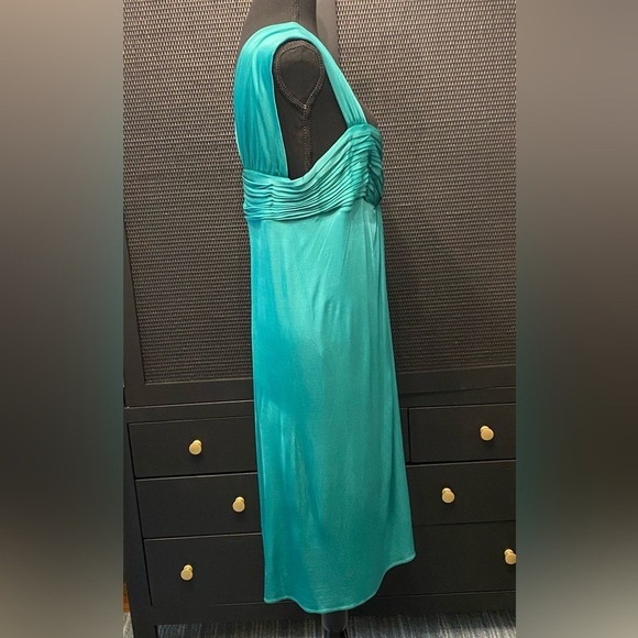 BCBGMAXAZRIA Large Teal Green Shimmery Empire Waist Cocktail Party Midi Dress - Picture 4 of 8